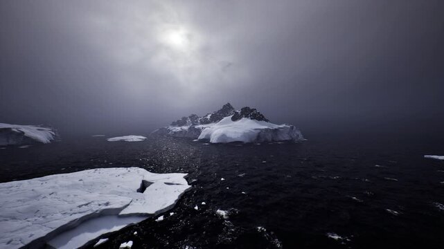 Quiet frozen seascape at dusk with soft sun halo, calm dark water and distant jagged ice, contemplative rhythm and subtle light reflections inviting