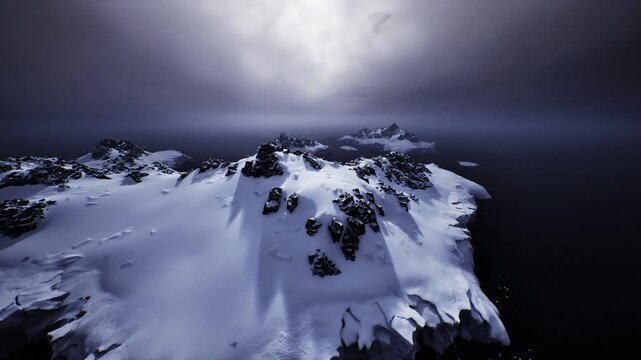 aerial approach frozen bluff dotted with rocks, tense atmosphere, low visibility, potential rescue scenario, dramatic light on steep slopes