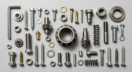 Top View of Industrial Hardware, Metal Bolts, Screws, Gears, and Fasteners on Gray Background