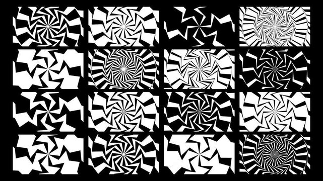 Black and white video transition featuring dynamic zigzag geometric sharp angles in an optical illusion hypnotic rotation pattern