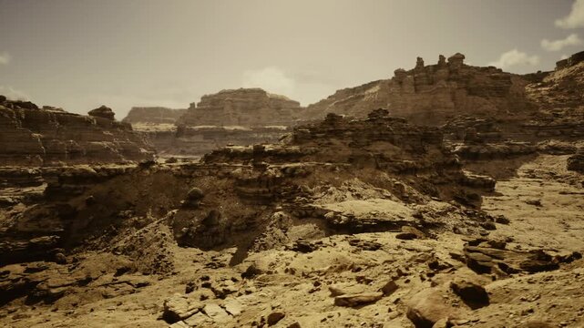 weathered sandstone terraces with layered strata, exposed sedimentary folds and fissures create textured foreground, dryland atmosphere suits geological