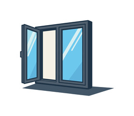 Modern dark grey window frame with one pane open to reveal a bright blue sky
