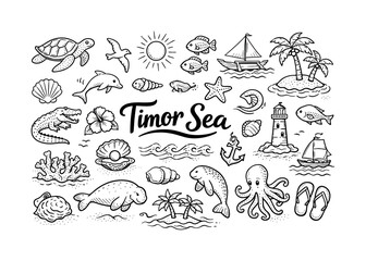 Naklejka premium Timor Sea scenic icons, hand drawn doodle elements set, center hand-lettered title, black & white vector line art, bold clean