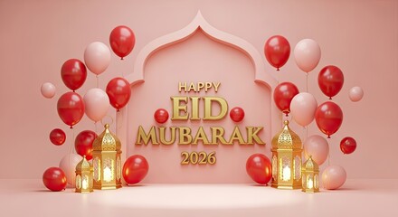 Fototapeta premium Eid mubarak wishes greetings islamic celebration background with balloons