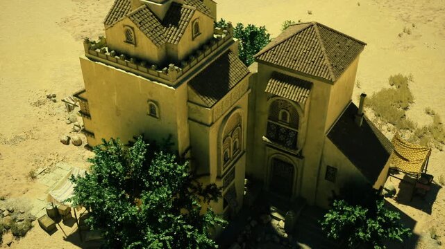 Fortress seized quickly. View shows fortress from above. Dark desert fortress with towering walls. High view highlights isolated fortress with strong contrast
