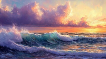 Obraz premium Vibrant ocean waves at sunset with colorful clouds
