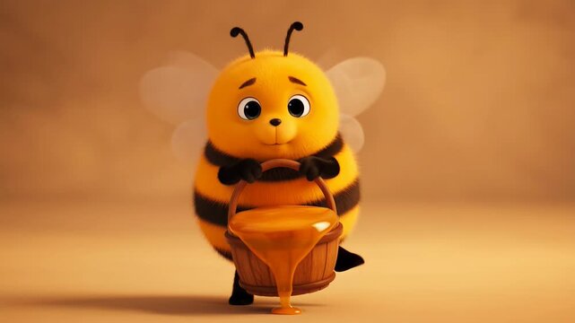 Adorable animated bee character holding a bucket of honey on a neutral background perfect for childrens content
