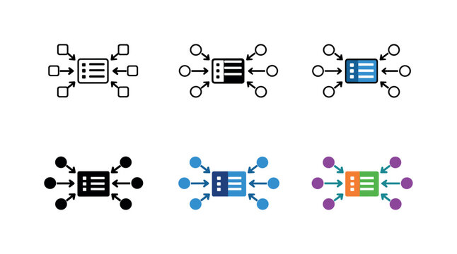 Integration hub icon portraying a server or endpoint with connecting arrows to multiple nodes, suggesting API communication and