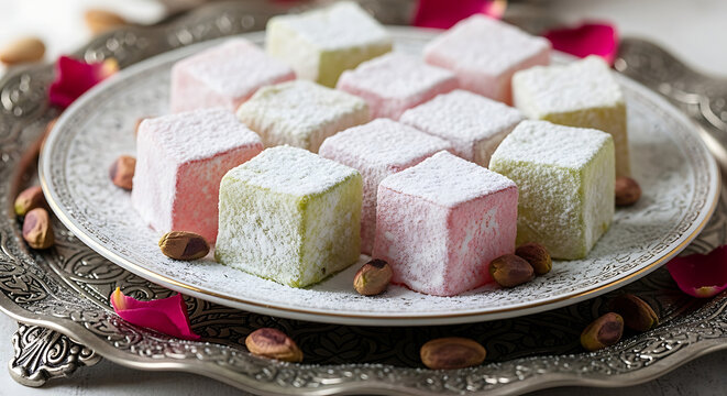 Traditional Turkish Delight Rahat Lokum Cubes with Powdered Sugar and Pistachios on Silver Plate