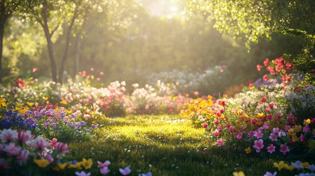 Sunlit garden pathway abloom with vibrant summer flowers and lush greenery