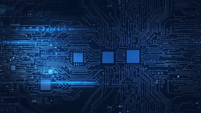 A futuristic digital circuit board with glowing blue pathways and microchips displayed on a dark background in a close-up view