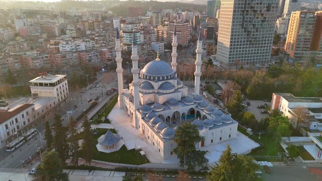 Aerial drone view of buildings downtown Tirana, Albania