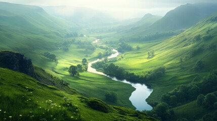 Obraz premium Serene verdant valley with winding river under soft light