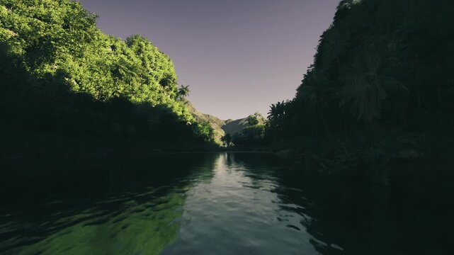 cinematic river panorama at twilight, broad view of reflective water and dramatic tree silhouettes atmospheric mood suited for film, editorial spreads