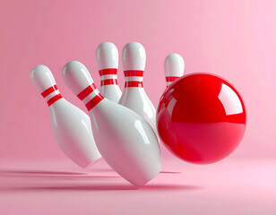 Naklejka premium Red Bowling Ball Hitting White Pins.