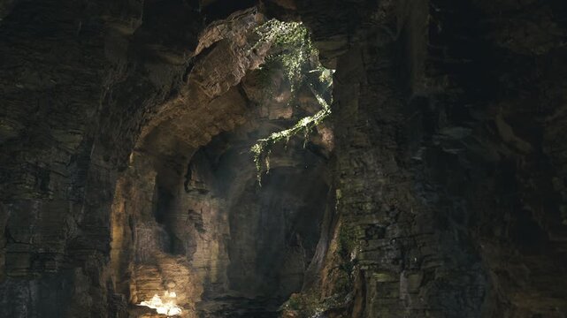 Grand cavern chamber with winding arch formation and overhead opening, distant light tracing curved rock contours, monumental scale with dramatic natural