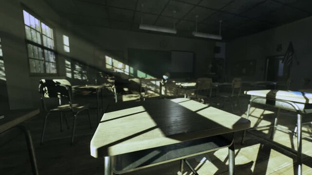 Lonely classroom with long sunbeams across desks and distant chalkboard, empty seating and melancholic echoes, late afternoon light creating linear shadows