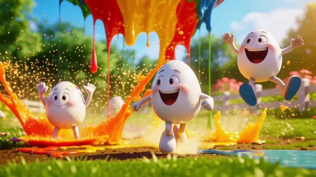 Animated eggs joyfully run through colorful paint splashes in a vibrant outdoor setting, with bright colors and playful expressions enhancing the lively atmosphere