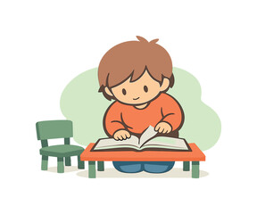 Warm child leans over a book, carefully turning one page at a time as a chair and low table sit close by. | child turning pages