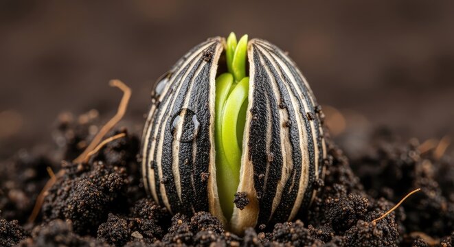 Sunflower Seed Sprout Emerging from Soil.