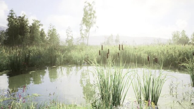 Misty pond with closeup cattails and dewy stems, soft diffused light, calm water reflecting muted sky, delicate wildflowers at edge, quiet restorative