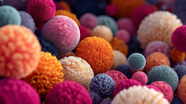 Colorful, soft balls push and nudge each other, seeking space in a 3D visual.