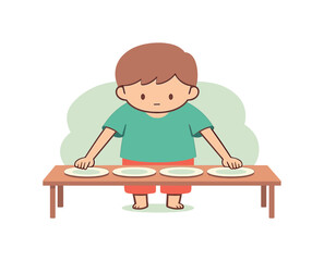 Quiet child stands by a table carefully arranging plates in neat rows, hands moving slowly as dishes align and crumbs stay aside.