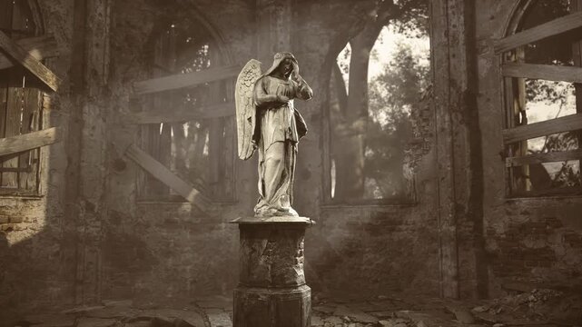 Stone angel statue in ruined cathedral, sentinel on cracked pedestal, shafts of light piercing nave, dustfilled air and weathered masonry, mossclad columns