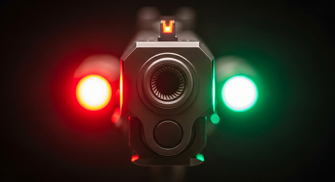 Front View of Modern Handgun with Fiber Optic Sights and Tactical Red and Green Lights