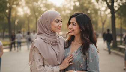 Fototapeta premium Beautiful muslim woman in hijab. mother and daughter in the park