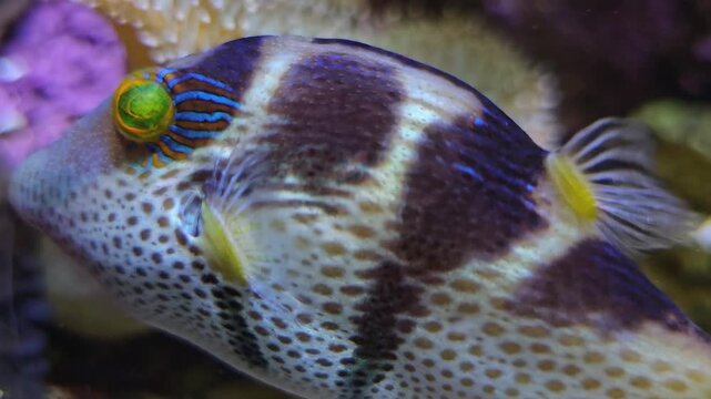 Close up of a beautiful and colorful trunk or puffer fish floating in front of a reef underwater 
