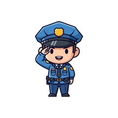 Cute Police Officer Character Saluting, Adorable Policeman Mascot Wearing Blue Uniform and Hat, Brave Cop Law Enforcement Illustration Isolated on White Background