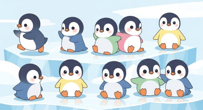 Cartoon Penguins Wearing Winter Clothes.