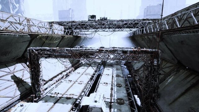 Snowcovered cargo hold of rusted ship interior, corroded bulkheads, icy deck plates, scattered equipment, low natural light, cold blue tones, gritty textures,