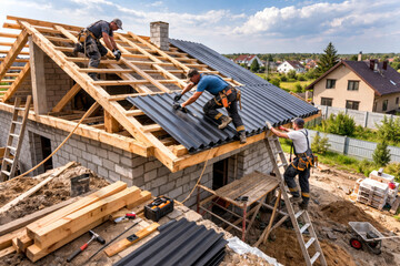 Fototapeta premium Three workers place metal sheets on roof of house while building it in suburb