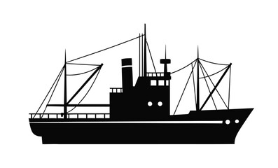 Obraz premium Silhouette of a classic cargo ship or freighter, a robust vessel designed for efficient maritime transport and global trade, depicted as a minimalist black vector illustration