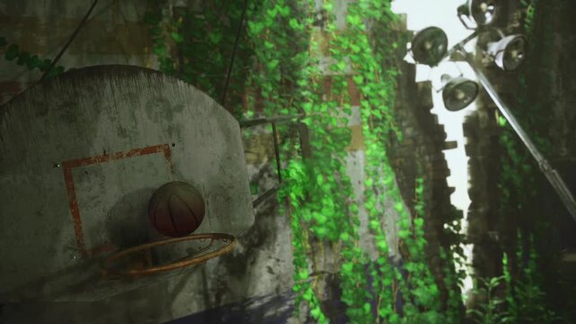 Overgrown outdoor basketball hoop with ball nestled against cracked concrete wall, trailing vines and moss, weathered backboard and rusty rim, late afternoon
