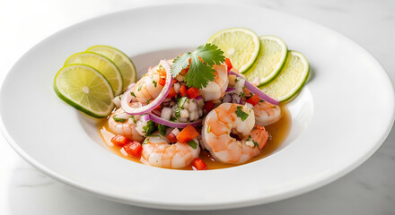 Fresh Shrimp Ceviche Salad with Lime, Red Onion, and Cilantro in a White Bowl