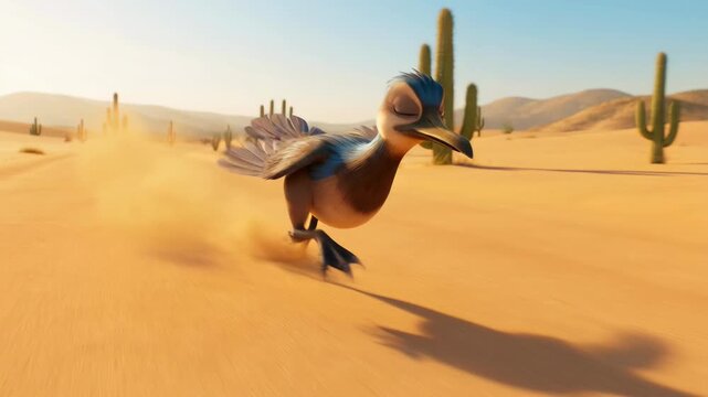 Animated roadrunner running fast across desert animation footage with cactuses in the background cartoon style loopable and colorful