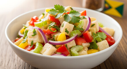 Fresh Tropical Pineapple Salad with Bell Peppers Red Onion and Cilantro in White Bowl