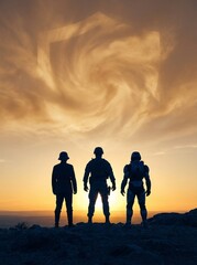 Three silhouetted figures standing against a swirling sunset sky  