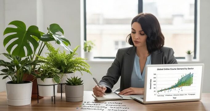 Businesswoman Analyzing Data on Laptop and Paper.
