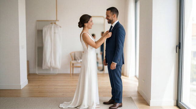 Pareja joven prepar&aacute;ndose para ceremonia de boda en espacio minimalista