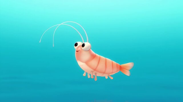 Cartoon shrimp swimming in aqua blue background digital animation for kids education animated character sea life