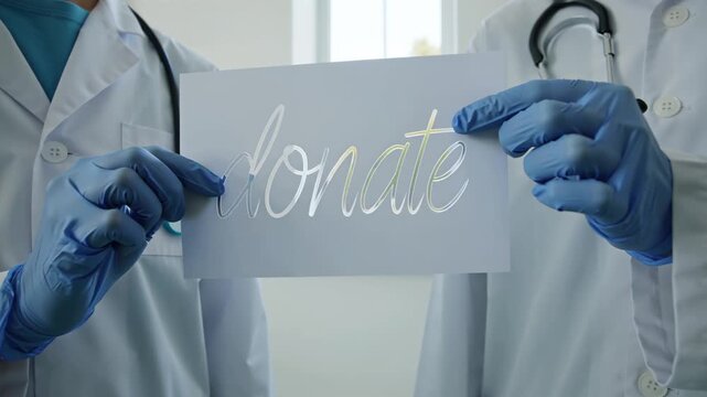 The doctor's gloved hands hold a paper sign with the inscription Donat