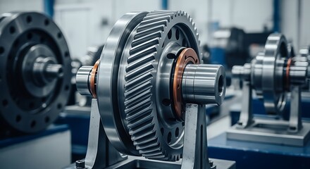 Fototapeta premium Metal gears, precision-engineered, displayed on stands in an industrial setting
