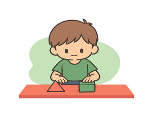 Cute cartoon child playing with geometric shapes, learning basic forms and colors