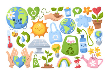 Fototapeta premium Earth day elements collection with planet, recycling symbols, green seedlings, renewable energy