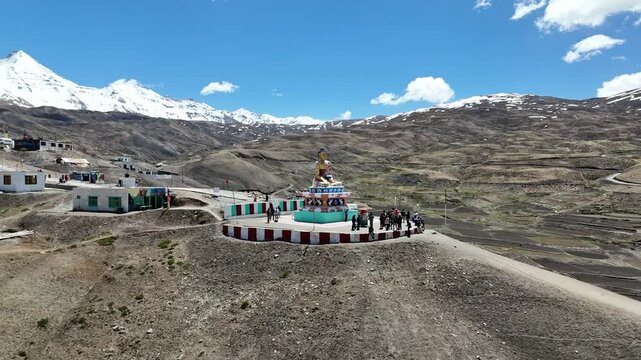 Panoramic Drone Shot of Langza Buddha and Barren Mountain