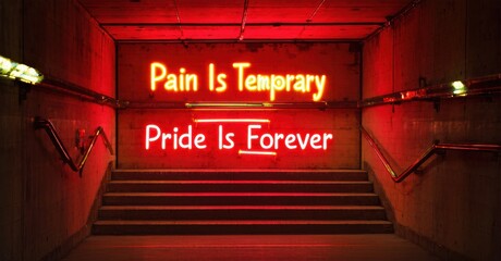 Fototapeta premium Concrete stairs illuminated by neon sign. Red lighting creates dramatic tunnel effect. Motivational message visible, inspiring perseverance.